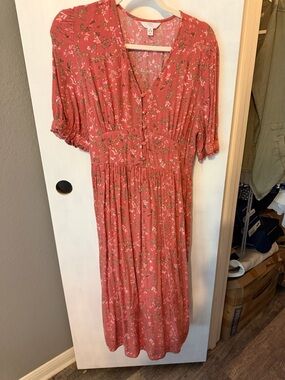 Time and Tru Coral Floral Midi Dress
